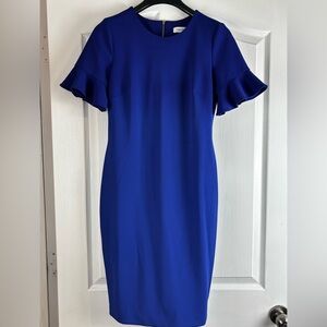Calvin Klein Royal Blue Midi Dress with Ruffle Sleeves
